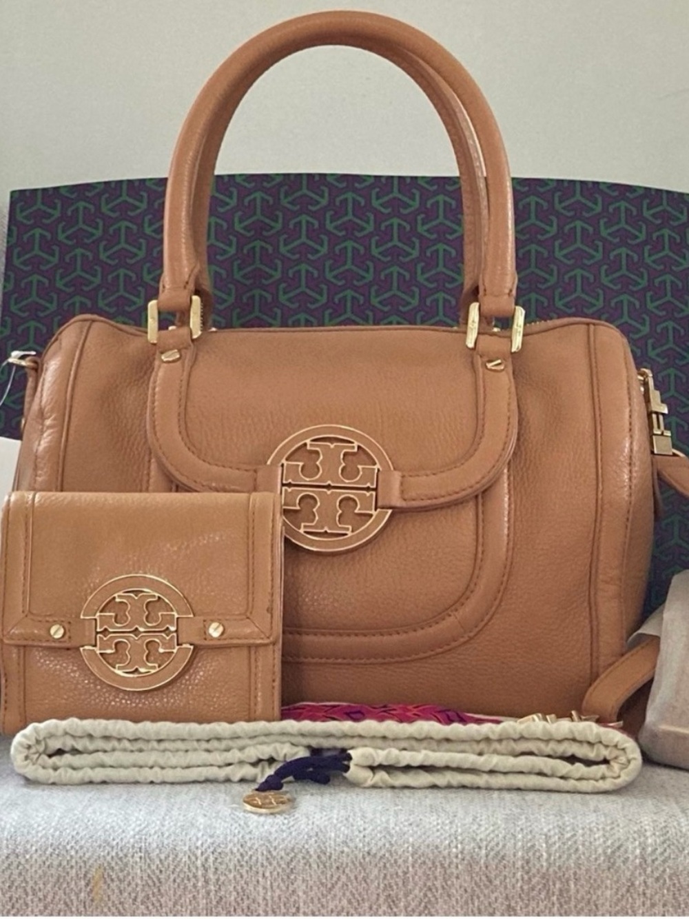 Tory Burch Amanda Satchel with Wallet - Camel - Leather Satchel Gold Logo